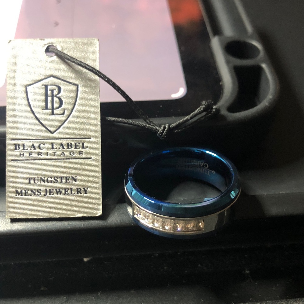 Blac Label Heritage Blue Tungsten Men’s Ring with Clear Stones